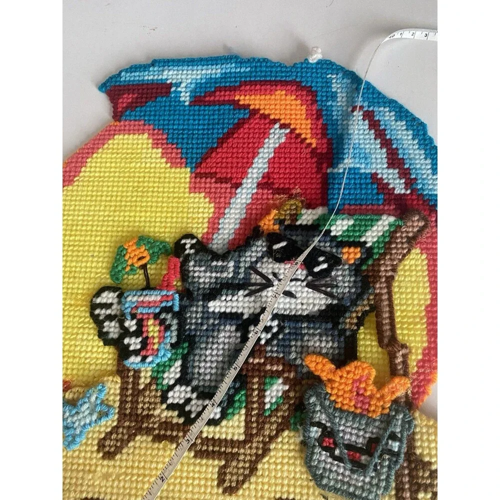 VTG  Cool Cat At The Beach Wall Hanging Needlepoint Plastic Canvas